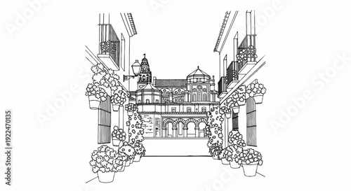 Sketch of a European street with floral balconies and a historic building