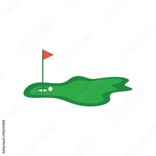 Green putting green with red flag and white golf balls in outdoor setting
