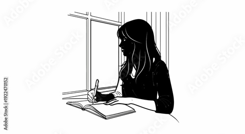 Silhouette of a young woman writing in a notebook by a window