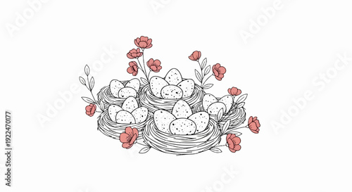 Spring nests overflow with speckled eggs adorned with delicate pink flowers