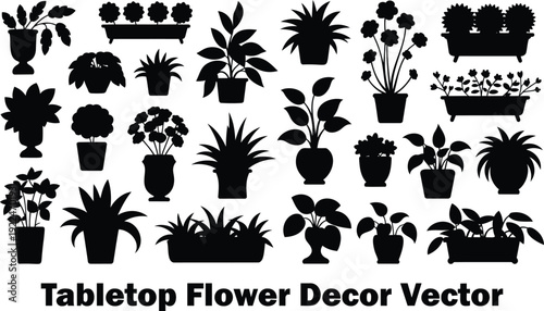 Large collection of diverse black silhouette potted plants and various floral tabletop decor