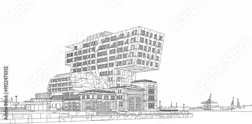 Sketch of a geometric building complex by the water with industrial cranes in background