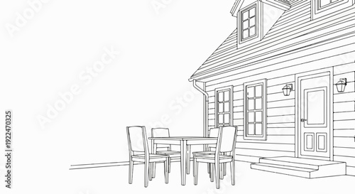 Sketch of a house exterior with patio furniture and architectural details