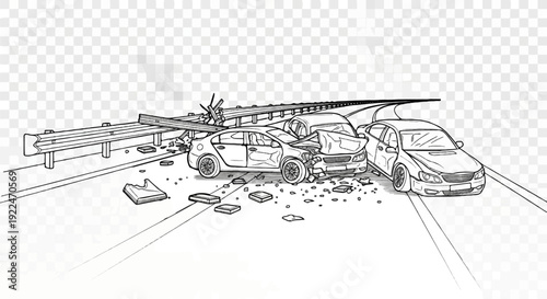 Sketch of a multi-car collision on a highway with guardrail debris