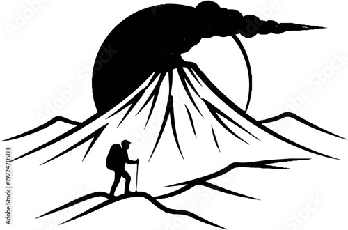 Silhouette of hiker on mountain peak with volcano erupting behind sun