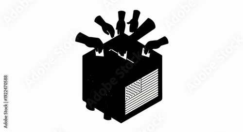 Silhouette of hands dropping ballots into a ballot box with an American flag