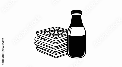 Stack of waffles next to a bottle of drink