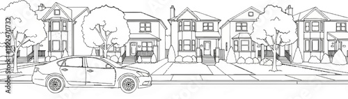 Sketch of a street with houses, trees, and a parked car
