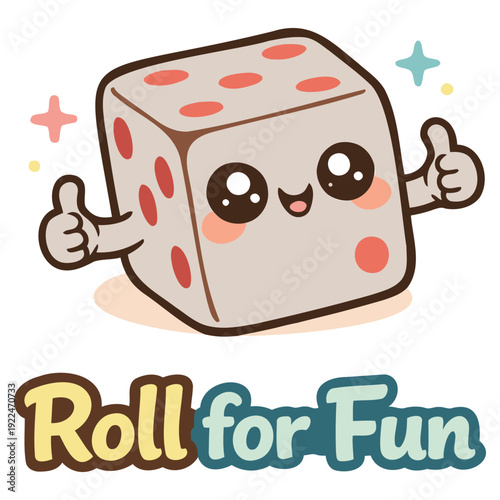 Cute cartoon dice character with arms and smiling face giving thumbs up in cheerful pose for gaming and fun activities