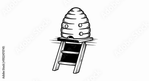 Sketch of a tiered hive structure on a wooden stand, isolated on white