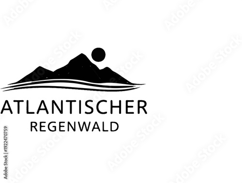 Silhouette of mountains with sun and text "ATLANTISCHER REGENWALD