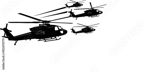 Silhouette of multiple attack helicopters in formation flight over a white background