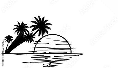 Silhouette of palm trees and a setting sun reflected on calm water