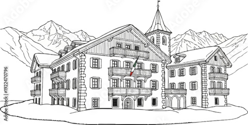Sketch of a traditional mountain hotel with a flag and snow-capped peaks