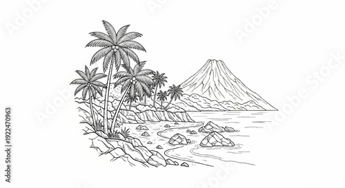 Sketch of a tropical island scene with palm trees and a volcano