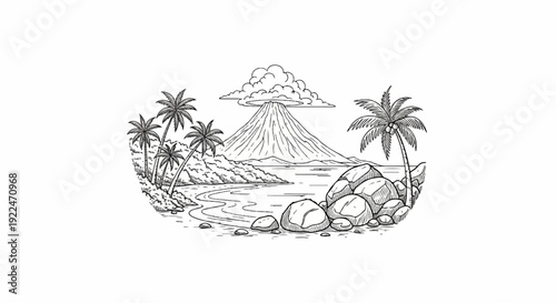 Sketch of a tropical island with a volcano, palm trees, and ocean
