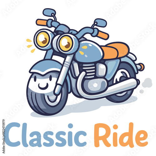 Cute cartoon illustration of a smiling vintage motorcycle with friendly face and bright headlights ready for a ride