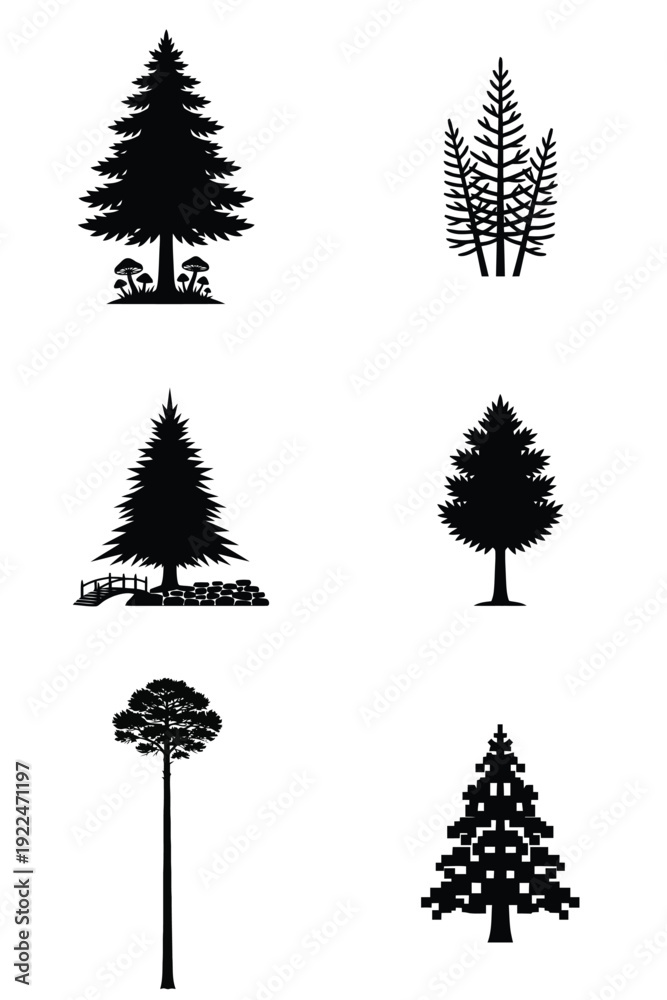 Fototapeta premium Diverse black tree silhouettes vector collection with various styles including pixelated, evergreen, and stylized designs for nature themed projects.