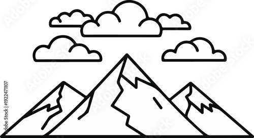 Simple black and white line art of mountains and clouds