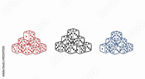 Stacks of dice in red, black, and blue colors