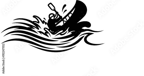 Silhouette of person kayaking through turbulent water with splashing waves
