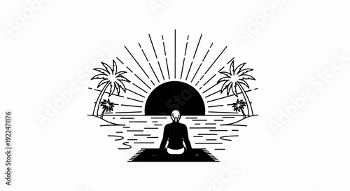 Silhouette of person meditating on beach at sunrise with palm trees