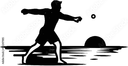 Silhouette of person playing ball against a sunset over water