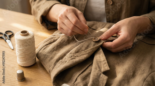 Close up of hands sewing wooden button onto linen garment