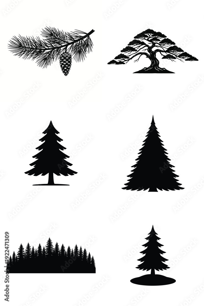 Obraz premium Collection of diverse tree and pine branch silhouettes including evergreen trees, a gnarled tree, and a pine branch with a cone, perfect for nature and holiday designs.