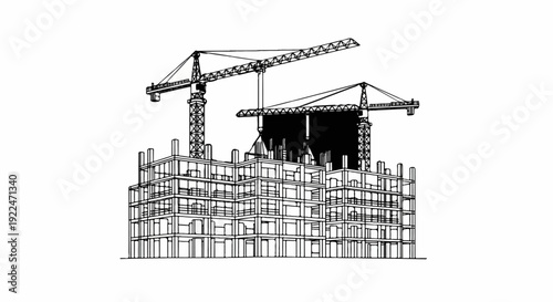 Sketch of building construction with two tower cranes and skeletal structure