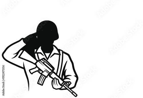 Silhouette of soldier in uniform with rifle, giving a salute