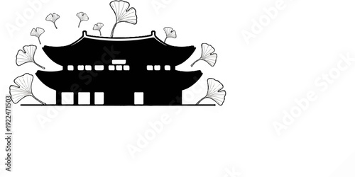 Silhouette of traditional pavilion surrounded by ginkgo leaves