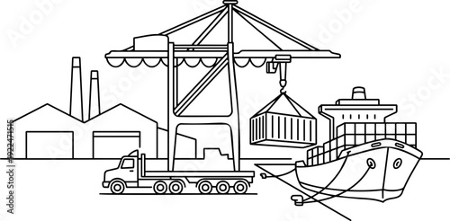 Black and white line art vector illustration of a global logistics and shipping port concept featuring a cargo ship, harbor crane lifting a container, flatbed truck, and factory buildings