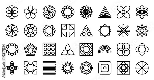 Abstract geometric symbols and sacred geometry ornaments for modern branding. Minimalist monoline linework featuring symmetrical mandalas and floral patterns.