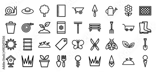 Garden maintenance and landscaping outline pictograms featuring horticulture tools, organic planting elements, and backyard ecology monoline symbols.