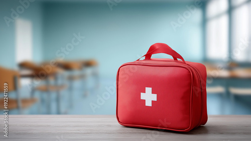 Medical kit on floor at first aid training courses, educational healthcare setting, emergency response instruction, safety training equipment, defocused classroom background, with copy space