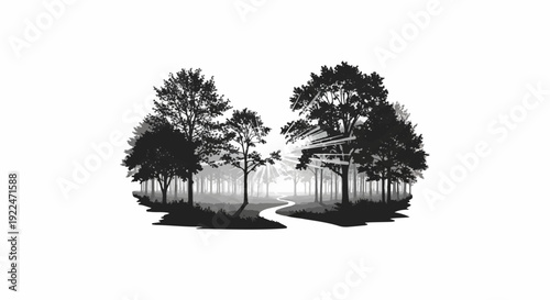 Silhouette of trees with sunburst rays filtering through dense forest