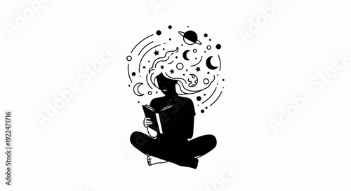 Silhouette person reading book with cosmic thoughts swirling above