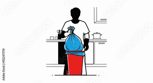 Silhouette person tying a blue trash bag in a kitchen