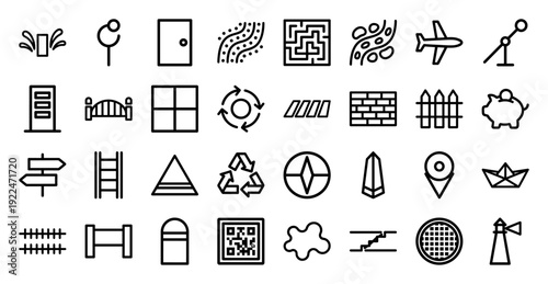 Abstract urban architecture and navigation line icons for infrastructure mapping. Minimalist monoline pictograms featuring city planning and landscape design elements.