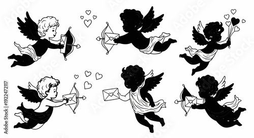 Silhouettes of cherubic figures with wings, holding love letters and bows