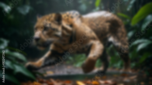 Blurred background of stealthy jaguar crouching before a leap, hyper-detailed muscular tension and wet fur texture, dense jungle safari floor with scattered leaves and filtered light beams, overcast.