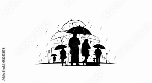 Silhouettes of people with umbrellas in the rain against city backdrop