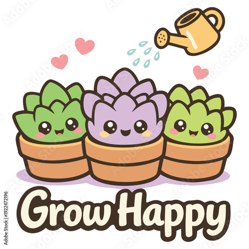 Cute cartoon succulent plants with smiling faces in flower pots being watered by a watering can illustration