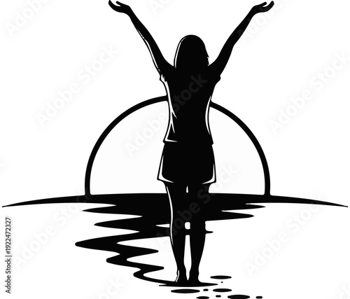 Silhouette of a person with arms raised in front of a setting sun over water