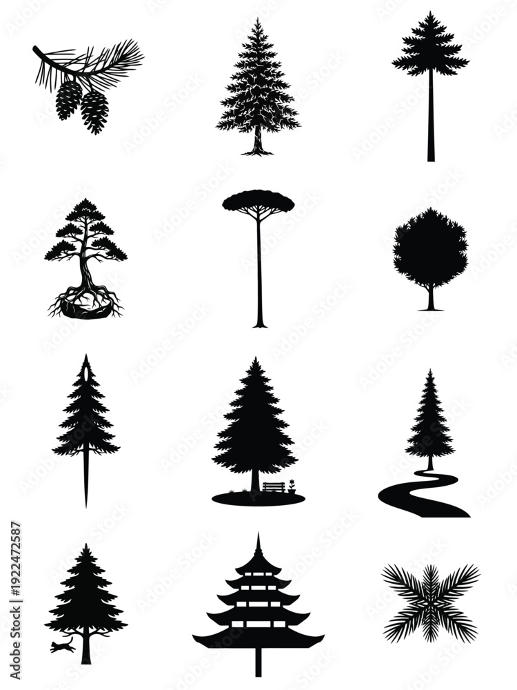 Obraz premium Diverse black tree silhouettes vector collection with pine, spruce, bonsai, and deciduous trees, featuring elements like cones, a bench, a path, and a cat, perfect for nature designs.