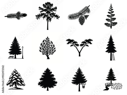 Collection of diverse tree silhouettes and nature elements including pine branches, a pinecone, moth, bench, lamppost, ladder, bucket, bridge, and plants, in black and white vector format.