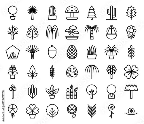 Botanical and nature monoline icons featuring diverse trees, leaves, and organic symbols for landscaping design and environmental infographics.