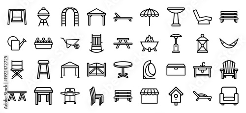 Outdoor living and backyard furniture line icons for landscape design projects. Technical monoline pictograms featuring patio seating, garden tools, and deck accessories.