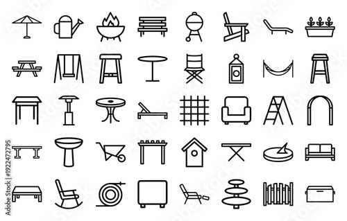Outdoor living and garden furniture line icons featuring patio equipment, backyard landscaping elements, and modern exterior deck accessories in a technical monoline style.